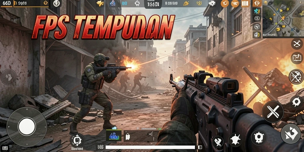 Screenshot utama 66D menampilkan aksi gameplay FPS yang mendebarkan.
