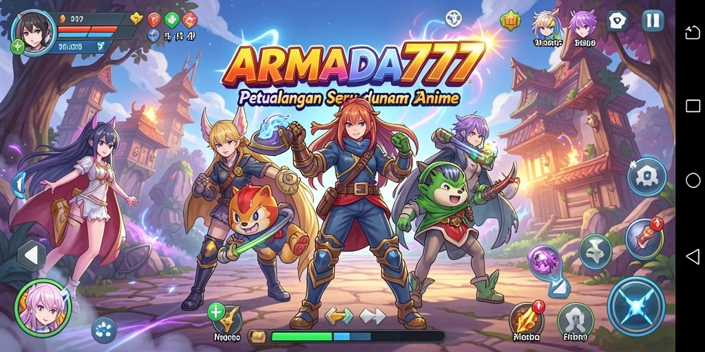 Screenshot utama ARMADA777 menunjukkan aksi seru karakter anime.