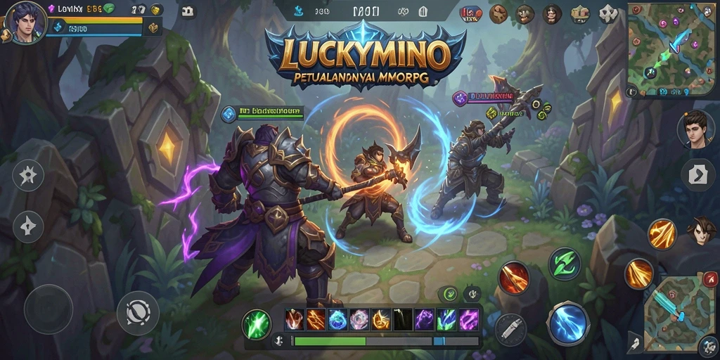 Screenshot gameplay LUCKYMINO yang menunjukkan pertarungan seru antara karakter pemain.