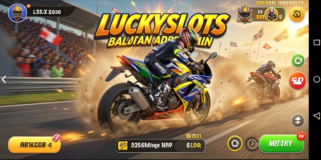 Tampilan gameplay LUCKYSLOTS menampilkan aksi balapan motor yang mendebarkan.