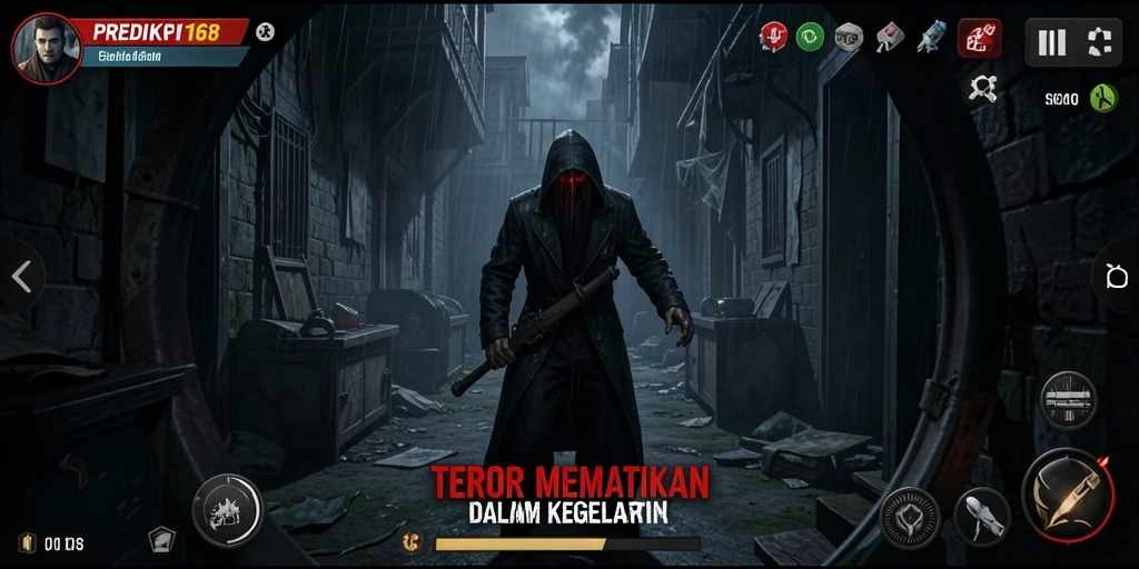 Tampilan gameplay menyeramkan di PREDIKSI168 dengan suasana horor.