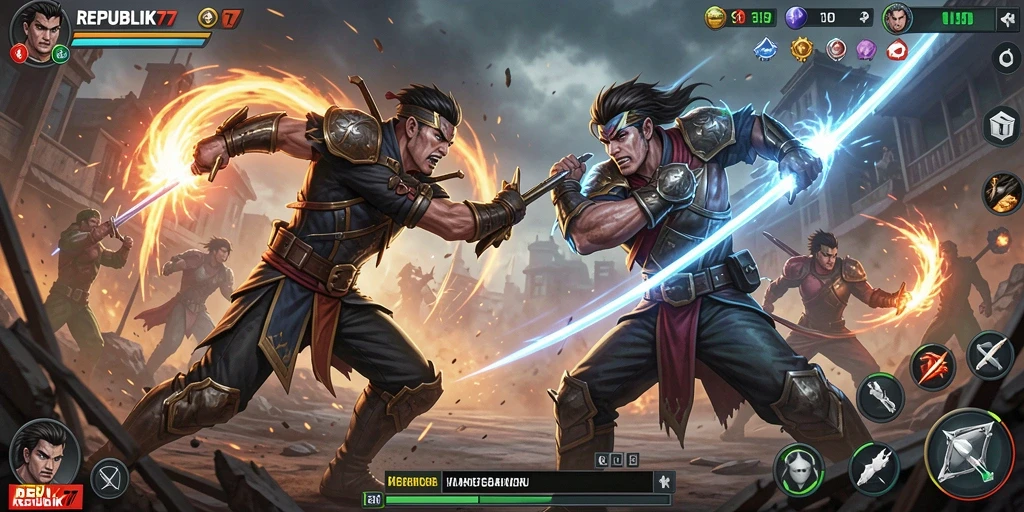 Screenshot utama REPUBLIK77 menampilkan aksi pertarungan yang intens.