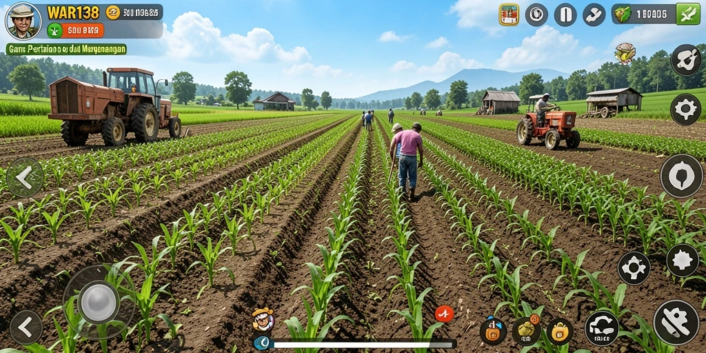 Screenshot gameplay <strong>WAR138</strong> dengan lahan pertanian yang indah dan tanaman subur.